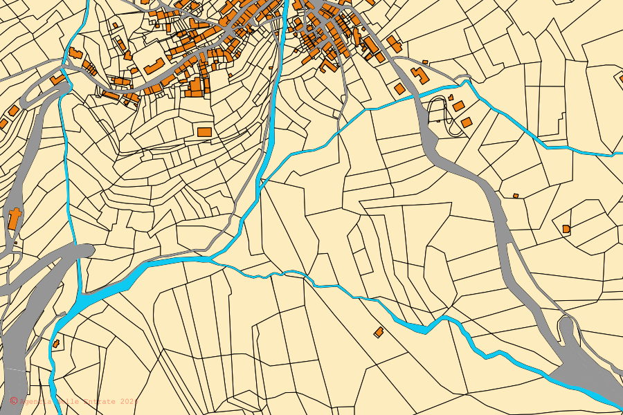 Cadastral map of the centre of Sovramonte: parcels and buildings, Agenzia delle Entrate cartography