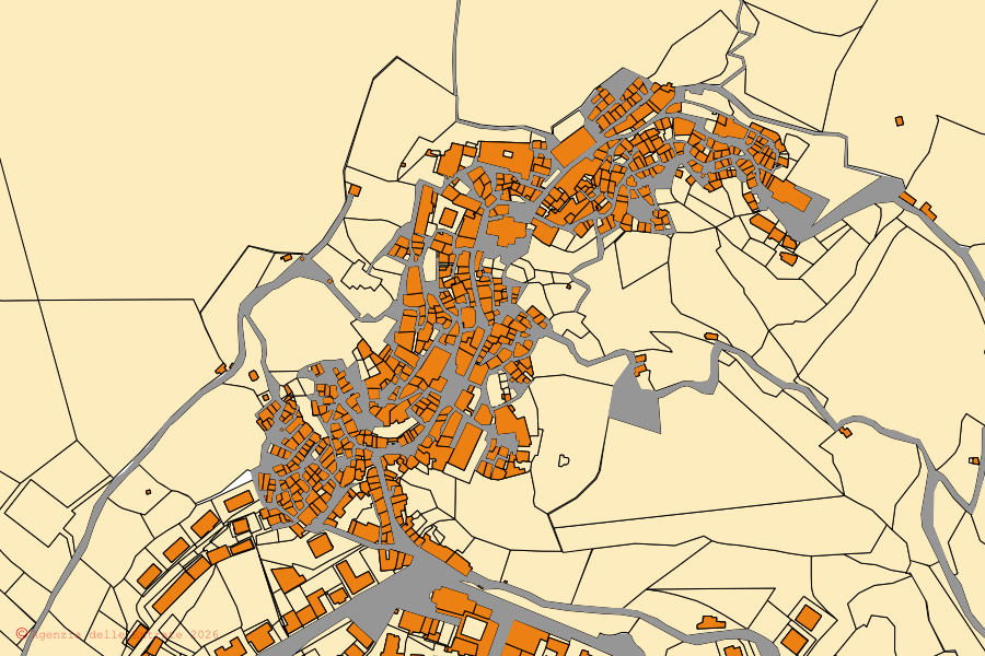 Cadastral map of the centre of Stilo: parcels and buildings, Agenzia delle Entrate cartography