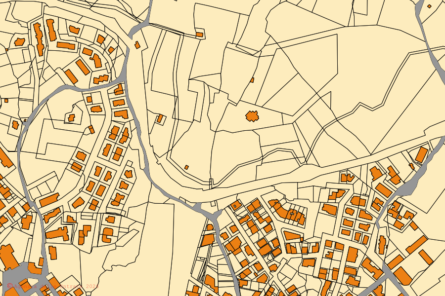 Cadastral map of the centre of Tempio Pausania: parcels and buildings, Agenzia delle Entrate cartography