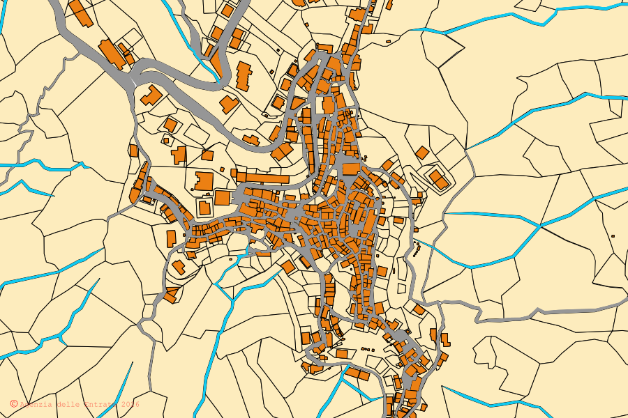 Cadastral map of the centre of Terravecchia: parcels and buildings, Agenzia delle Entrate cartography
