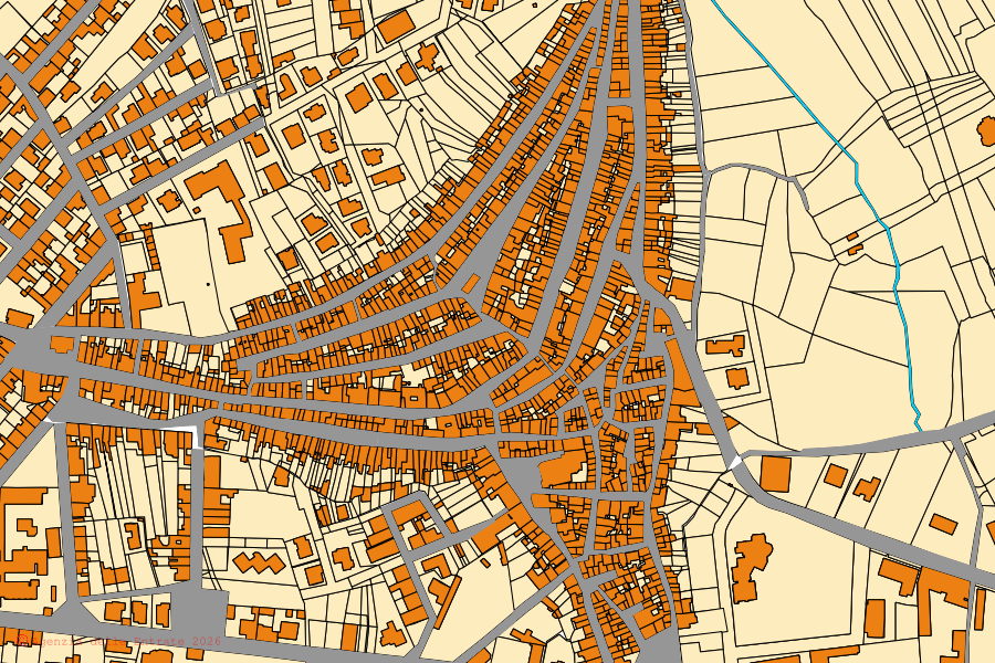 Cadastral map of the centre of Thiesi: parcels and buildings, Agenzia delle Entrate cartography