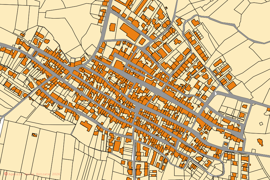 Cadastral map of the centre of Tissi: parcels and buildings, Agenzia delle Entrate cartography