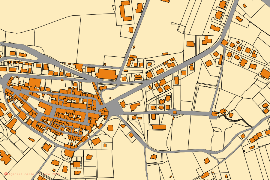 Cadastral map of the centre of Torgiano: parcels and buildings, Agenzia delle Entrate cartography