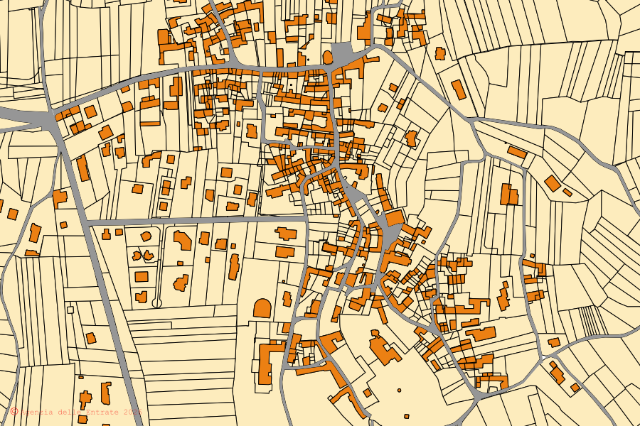 Cadastral map of the centre of Torre Canavese: parcels and buildings, Agenzia delle Entrate cartography