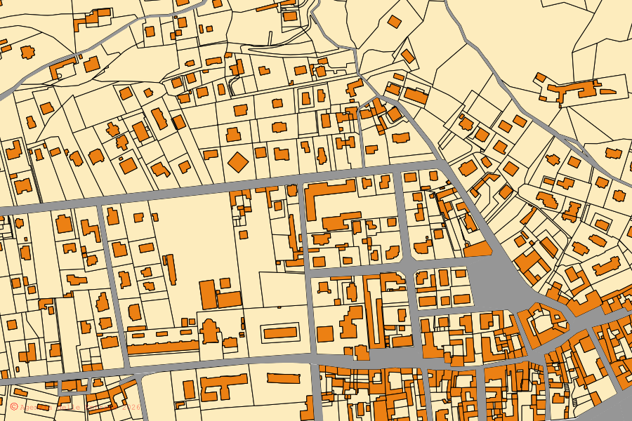 Cadastral map of the centre of Torre Pellice: parcels and buildings, Agenzia delle Entrate cartography