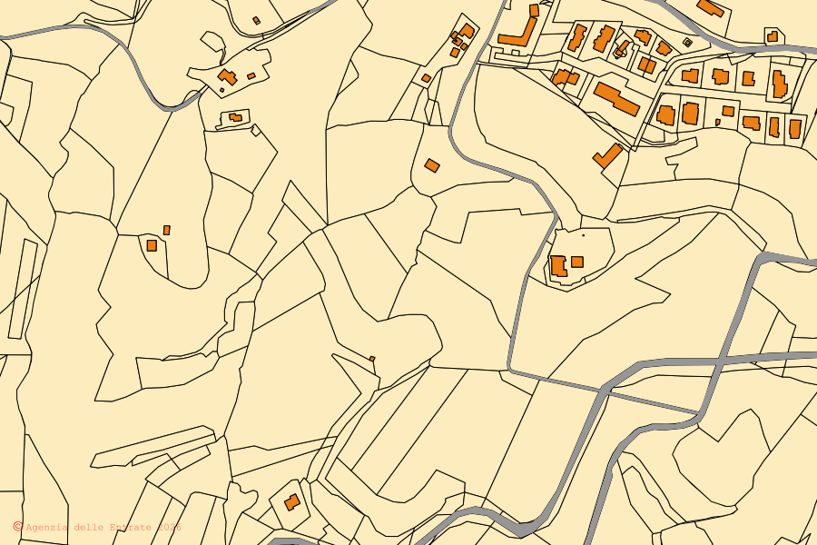 Cadastral map of the centre of Trequanda: parcels and buildings, Agenzia delle Entrate cartography