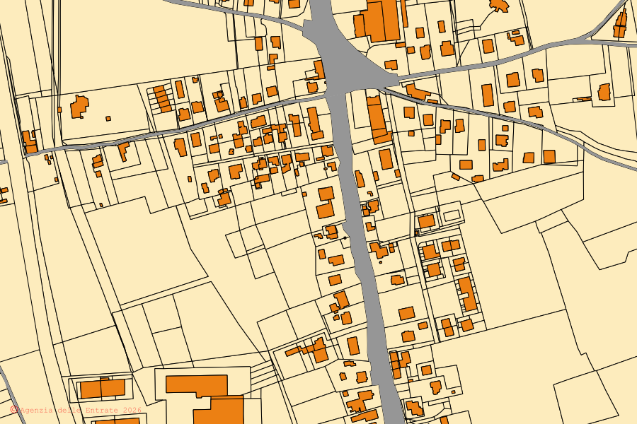 Cadastral map of the centre of Trevi: parcels and buildings, Agenzia delle Entrate cartography
