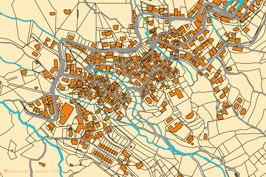 Cadastral map of the centre of Urzulei: parcels and buildings, Agenzia delle Entrate cartography
