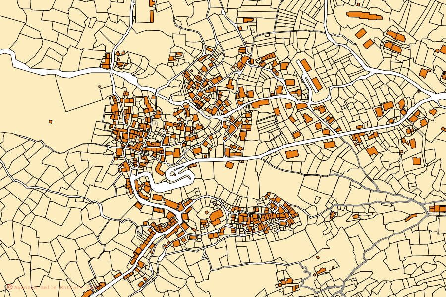 Cadastral map of the centre of Vagli Sotto: parcels and buildings, Agenzia delle Entrate cartography