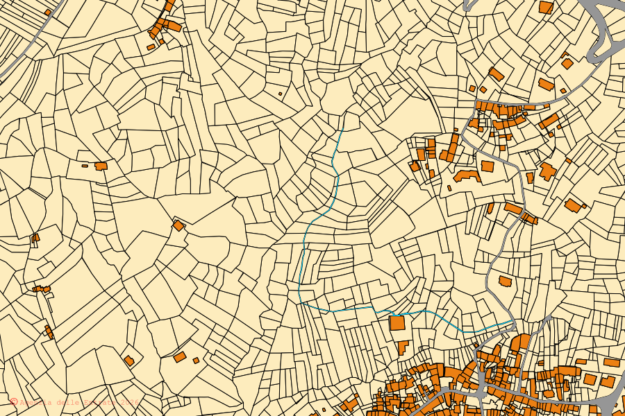 Cadastral map of the centre of Val di Chy: parcels and buildings, Agenzia delle Entrate cartography