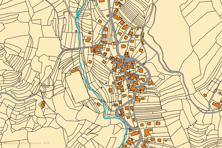 Cadastral map of the centre of Vallada Agordina: parcels and buildings, Agenzia delle Entrate cartography