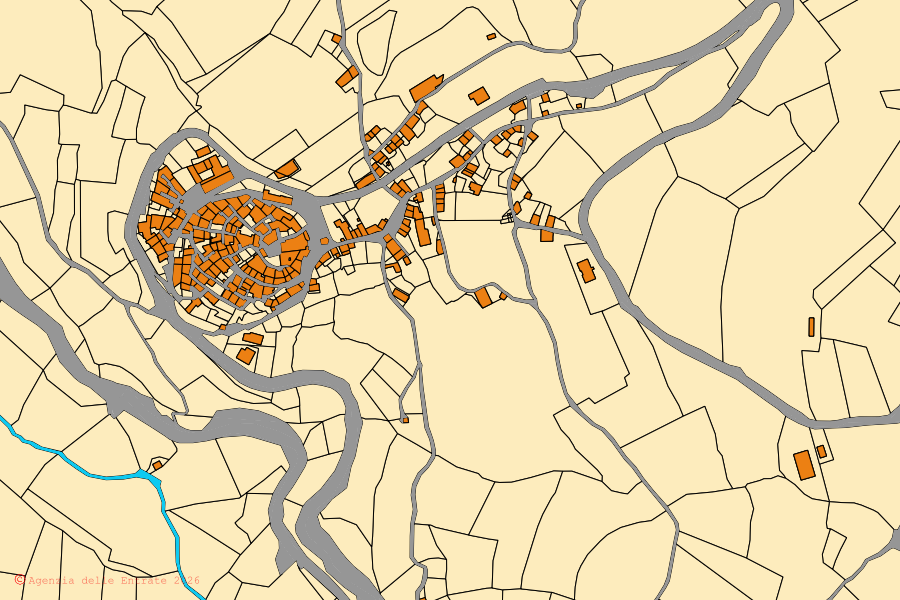 Cadastral map of the centre of Vallo di Nera: parcels and buildings, Agenzia delle Entrate cartography