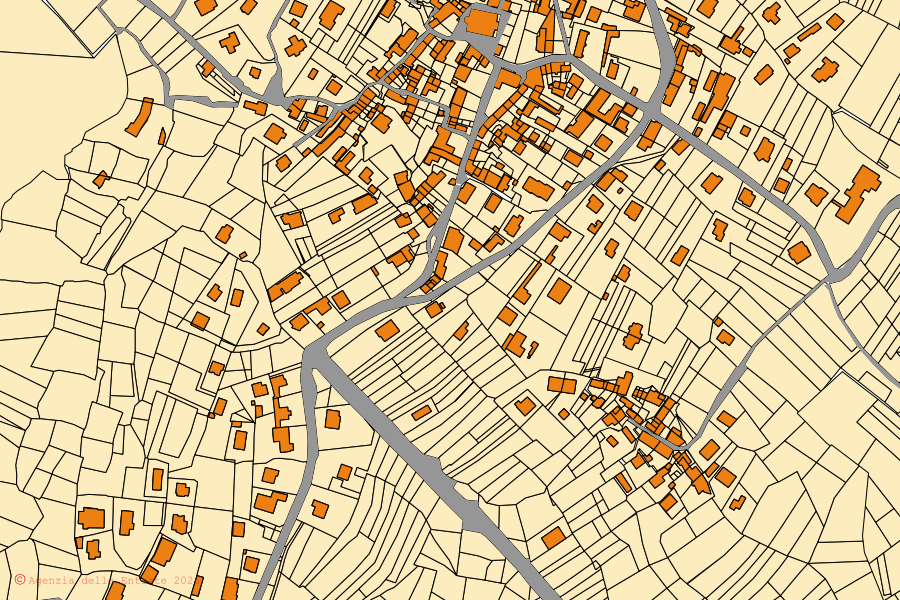 Cadastral map of the centre of Vallo Torinese: parcels and buildings, Agenzia delle Entrate cartography