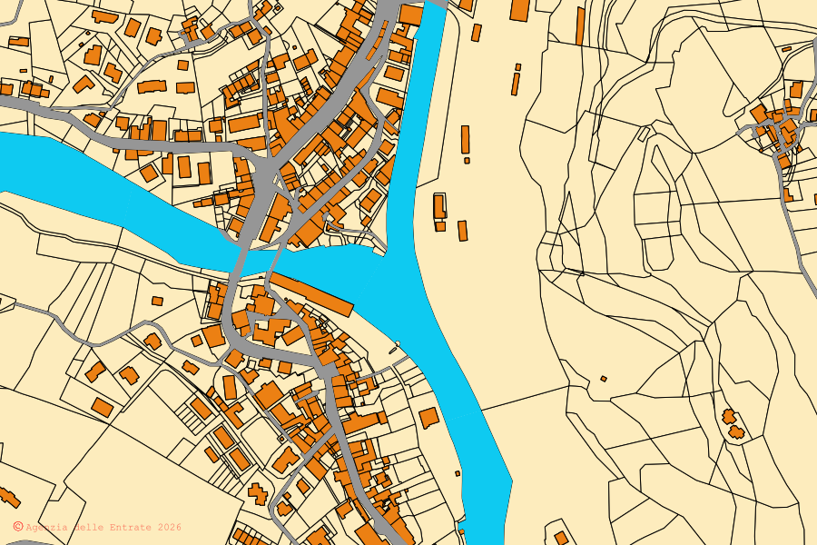 Cadastral map of the centre of Vernio: parcels and buildings, Agenzia delle Entrate cartography