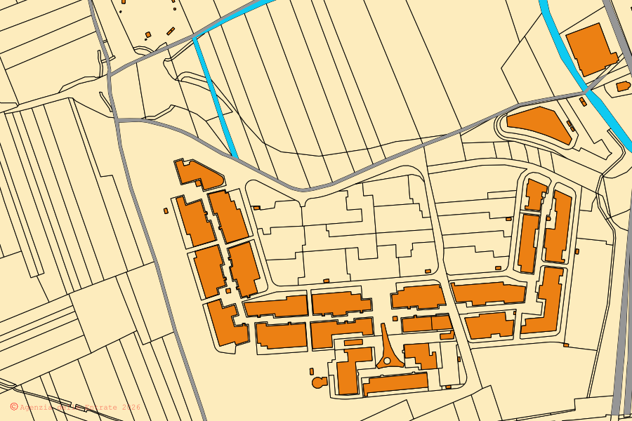 Cadastral map of the centre of Vicolungo: parcels and buildings, Agenzia delle Entrate cartography