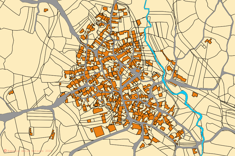 Cadastral map of the centre of Villa Verde: parcels and buildings, Agenzia delle Entrate cartography