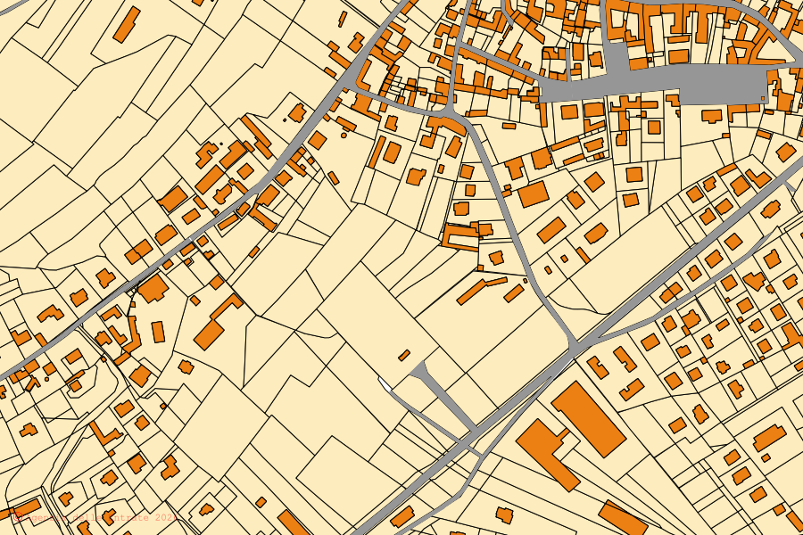 Cadastral map of the centre of Villafranca d'Asti: parcels and buildings, Agenzia delle Entrate cartography