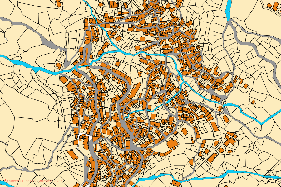 Cadastral map of the centre of Villagrande Strisaili: parcels and buildings, Agenzia delle Entrate cartography