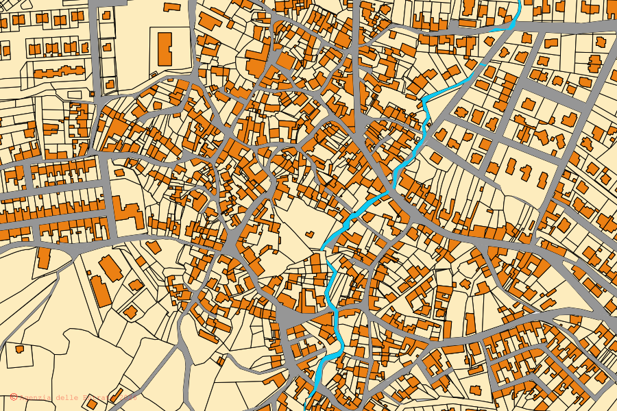 Cadastral map of the centre of Villaurbana: parcels and buildings, Agenzia delle Entrate cartography