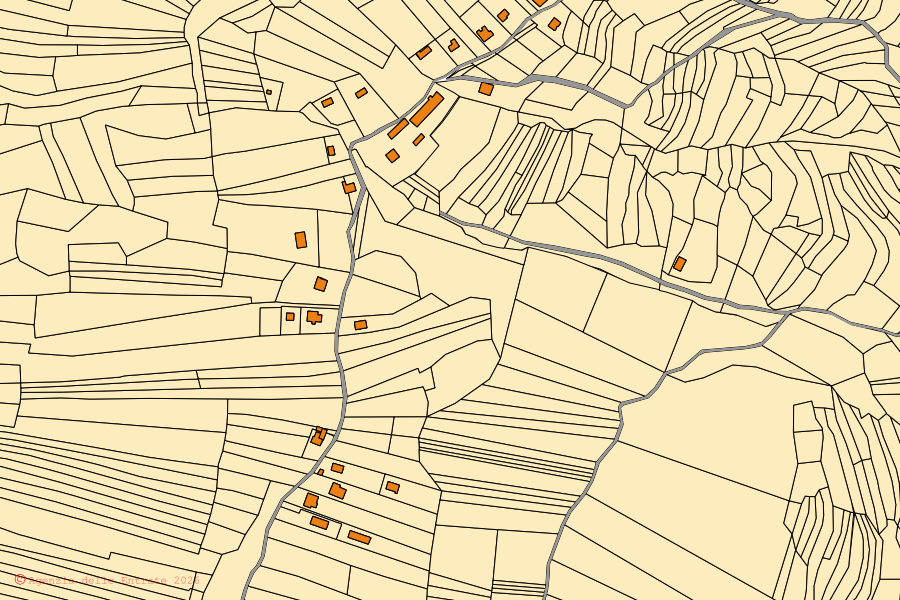 Cadastral map of the centre of Zerba: parcels and buildings, Agenzia delle Entrate cartography
