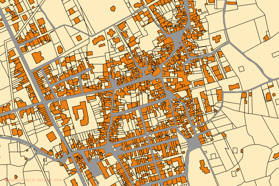 Cadastral map of the centre of Zollino: parcels and buildings, Agenzia delle Entrate cartography