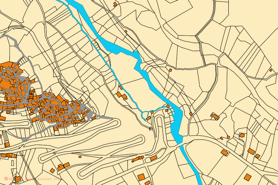 Mapa catastral del centro de Abriola: parcelas y edificios, cartografía de la Agenzia delle Entrate