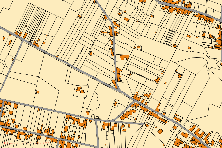 Mapa catastral del centro de Acireale: parcelas y edificios, cartografía de la Agenzia delle Entrate