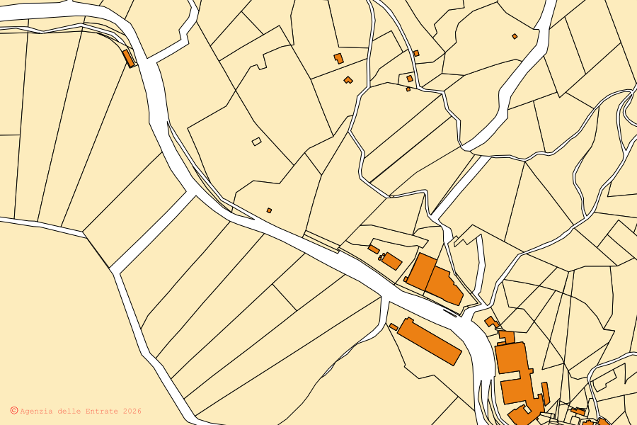 Mapa catastral del centro de Algua: parcelas y edificios, cartografía de la Agenzia delle Entrate