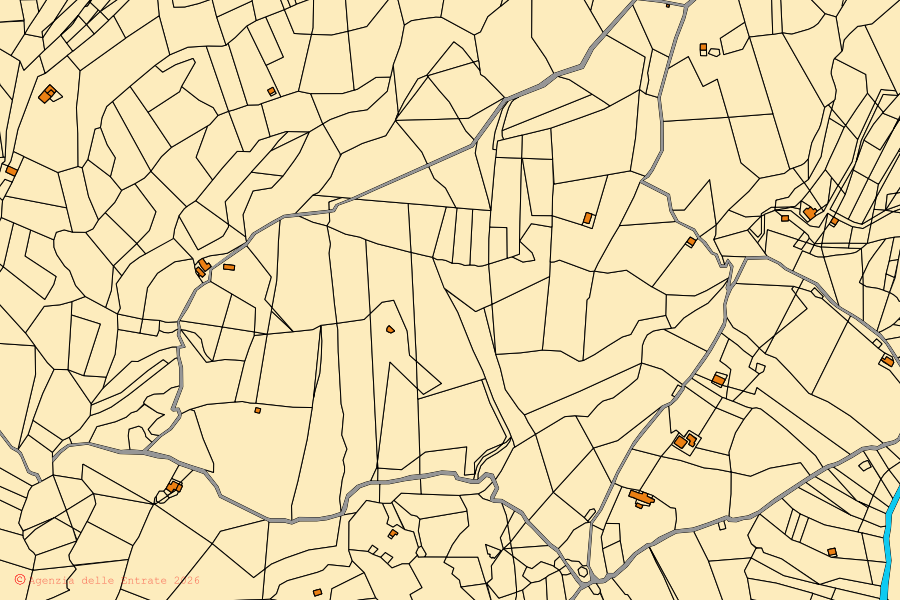 Mapa catastral del centro de Amato: parcelas y edificios, cartografía de la Agenzia delle Entrate