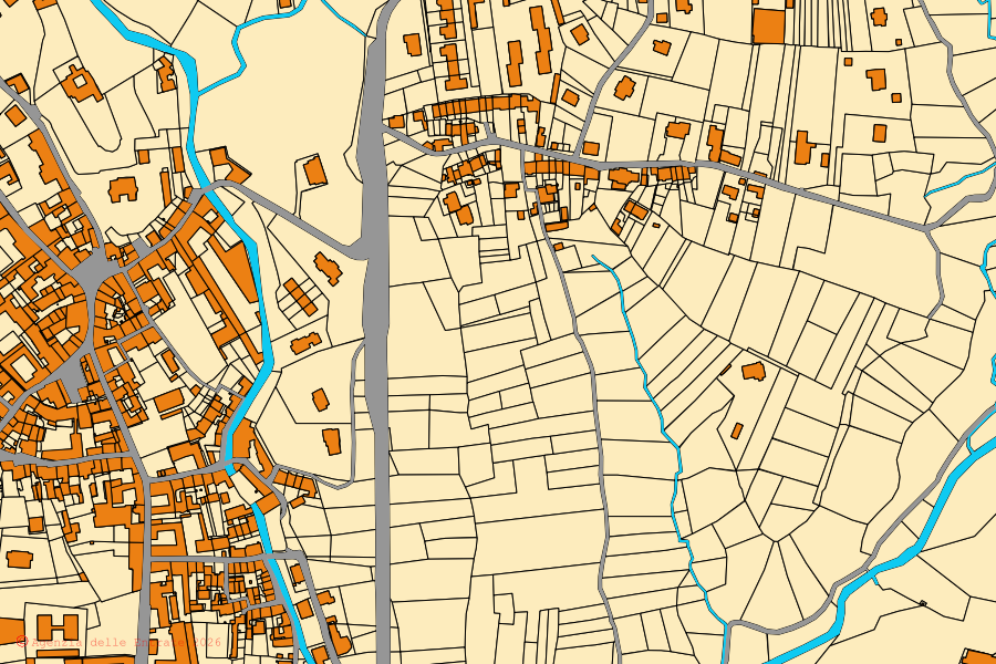 Mapa catastral del centro de Andorno Micca: parcelas y edificios, cartografía de la Agenzia delle Entrate