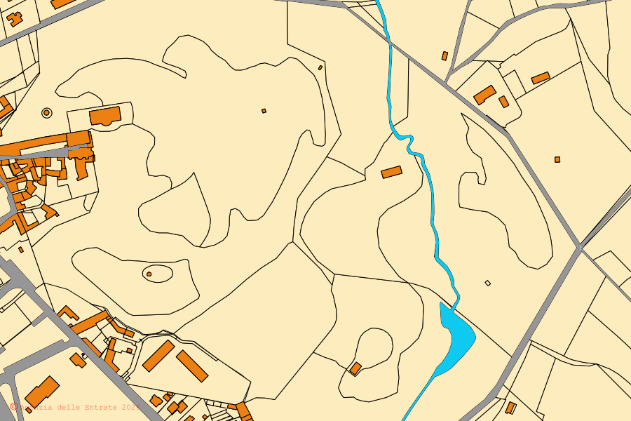 Mapa catastral del centro de Anzano del Parco: parcelas y edificios, cartografía de la Agenzia delle Entrate