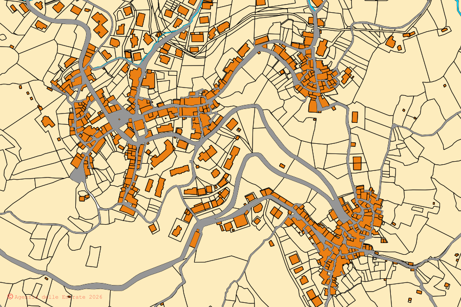Mapa catastral del centro de Aprigliano: parcelas y edificios, cartografía de la Agenzia delle Entrate