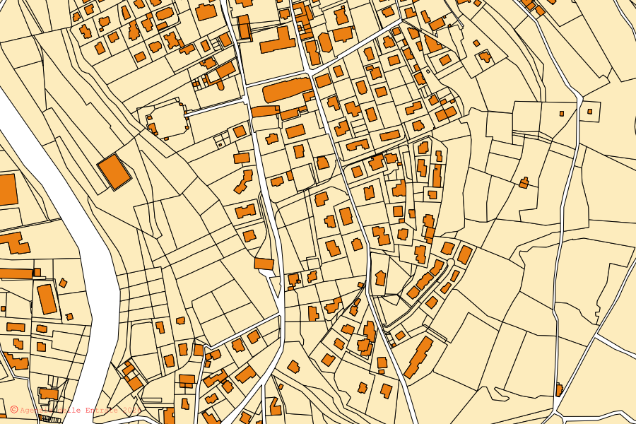 Mapa catastral del centro de Ardesio: parcelas y edificios, cartografía de la Agenzia delle Entrate