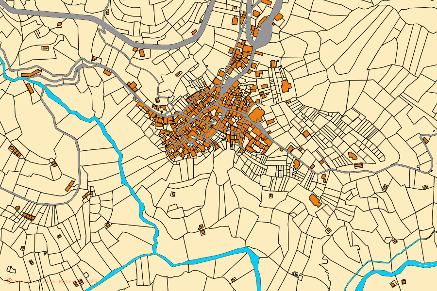 Mapa catastral del centro de Arola: parcelas y edificios, cartografía de la Agenzia delle Entrate