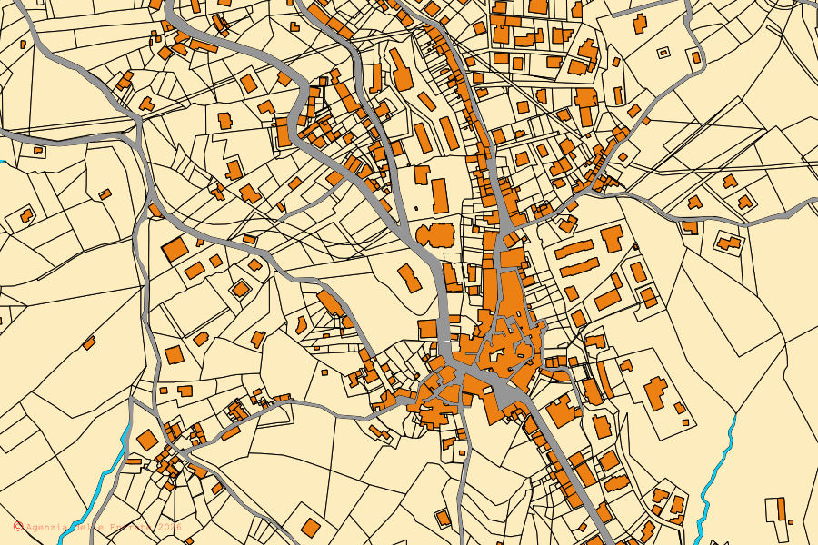 Mapa catastral del centro de Ascea: parcelas y edificios, cartografía de la Agenzia delle Entrate