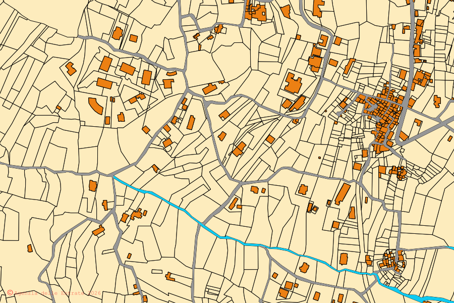 Mapa catastral del centro de Ausonia: parcelas y edificios, cartografía de la Agenzia delle Entrate