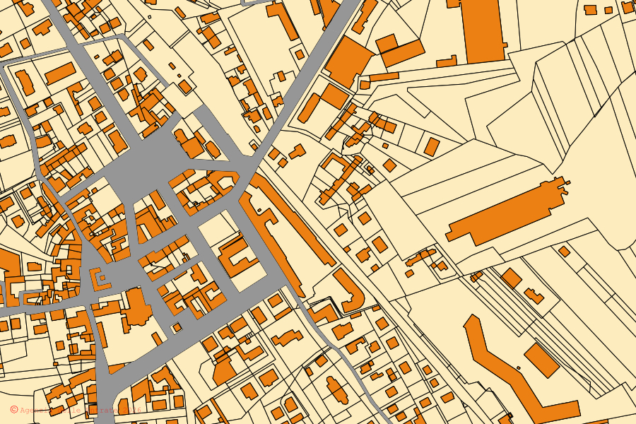 Mapa catastral del centro de Bagnolo Piemonte: parcelas y edificios, cartografía de la Agenzia delle Entrate