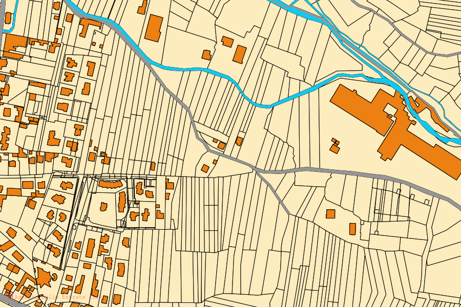 Mapa catastral del centro de Balangero: parcelas y edificios, cartografía de la Agenzia delle Entrate