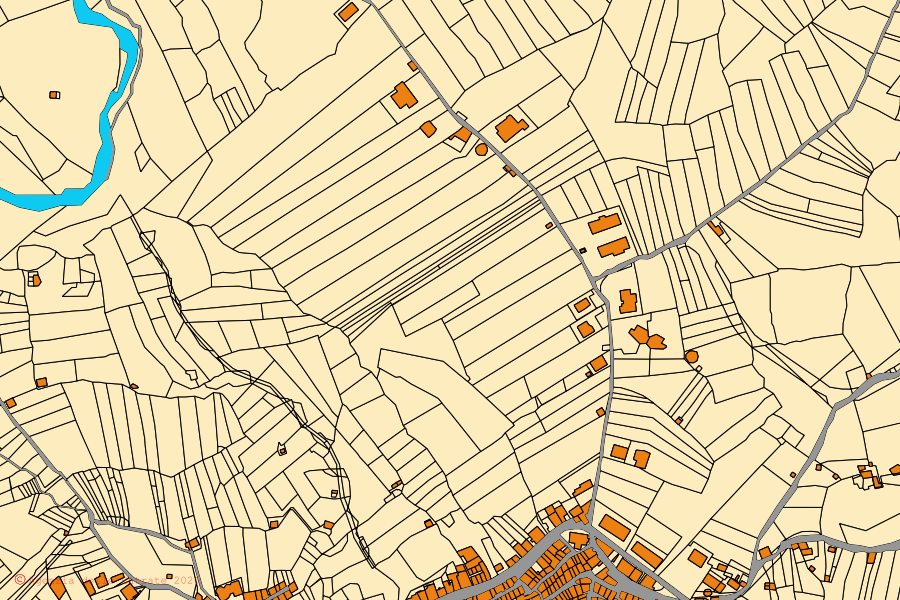 Mapa catastral del centro de Basicò: parcelas y edificios, cartografía de la Agenzia delle Entrate