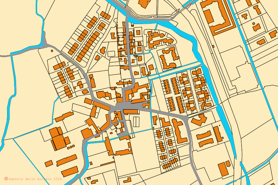 Mapa catastral del centro de Basiglio: parcelas y edificios, cartografía de la Agenzia delle Entrate