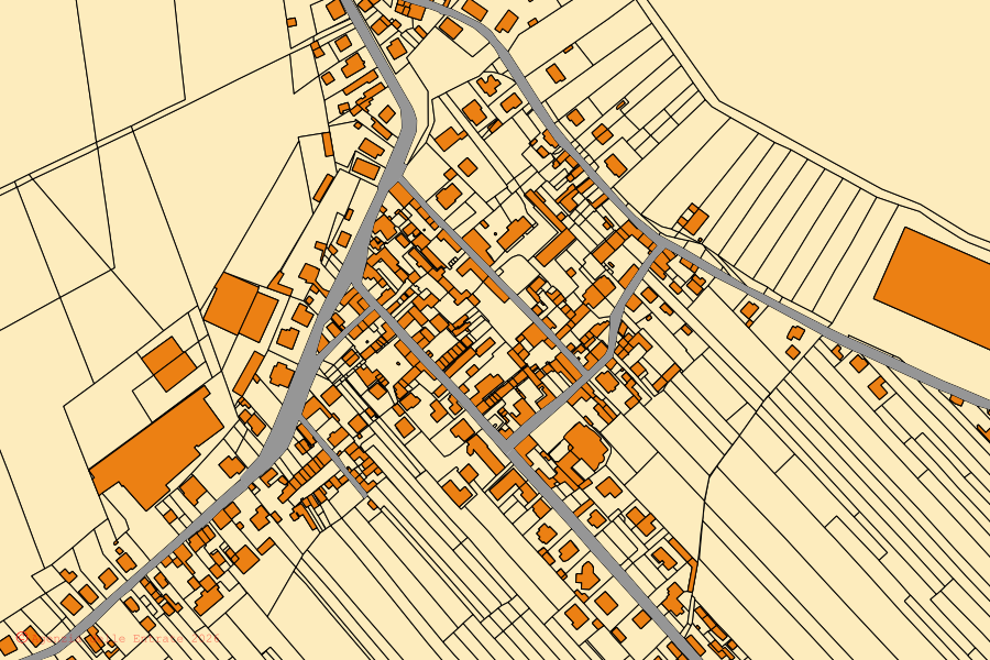 Mapa catastral del centro de Bastida Pancarana: parcelas y edificios, cartografía de la Agenzia delle Entrate