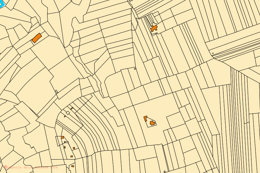 Mapa catastral del centro de Bene Vagienna: parcelas y edificios, cartografía de la Agenzia delle Entrate