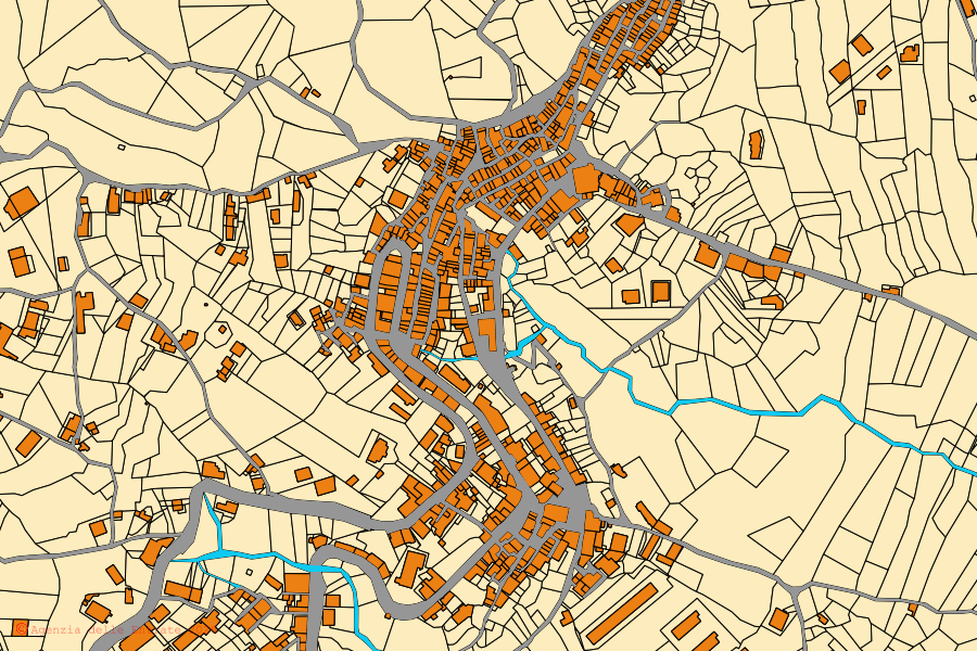 Mapa catastral del centro de Benestare: parcelas y edificios, cartografía de la Agenzia delle Entrate