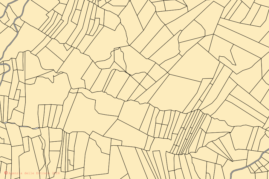Mapa catastral del centro de Bettola: parcelas y edificios, cartografía de la Agenzia delle Entrate