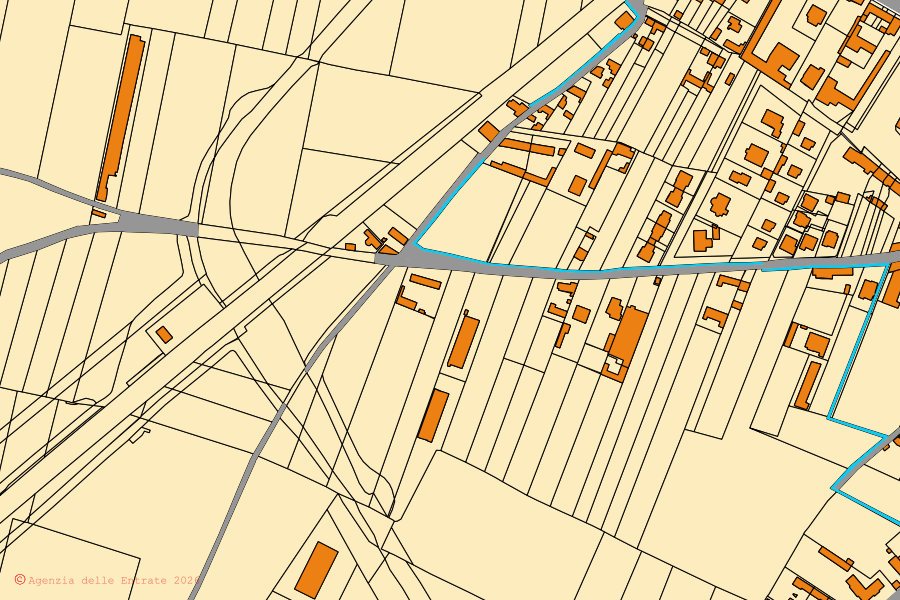 Mapa catastral del centro de Bianzè: parcelas y edificios, cartografía de la Agenzia delle Entrate