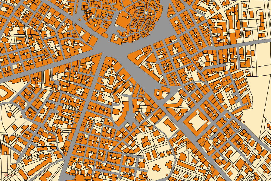 Mapa catastral del centro de Bitetto: parcelas y edificios, cartografía de la Agenzia delle Entrate