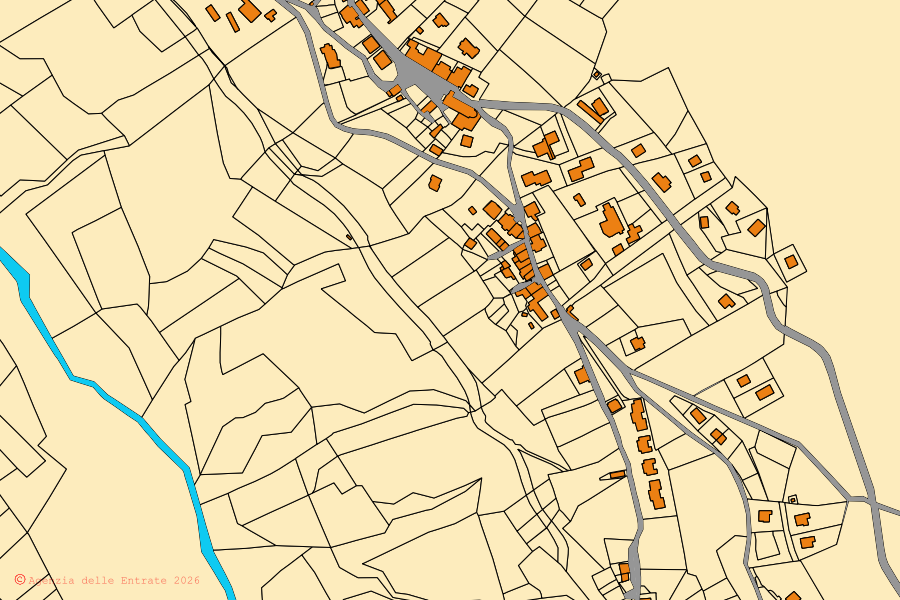 Mapa catastral del centro de Bolognola: parcelas y edificios, cartografía de la Agenzia delle Entrate
