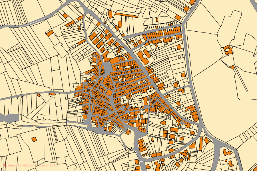 Mapa catastral del centro de Bompietro: parcelas y edificios, cartografía de la Agenzia delle Entrate
