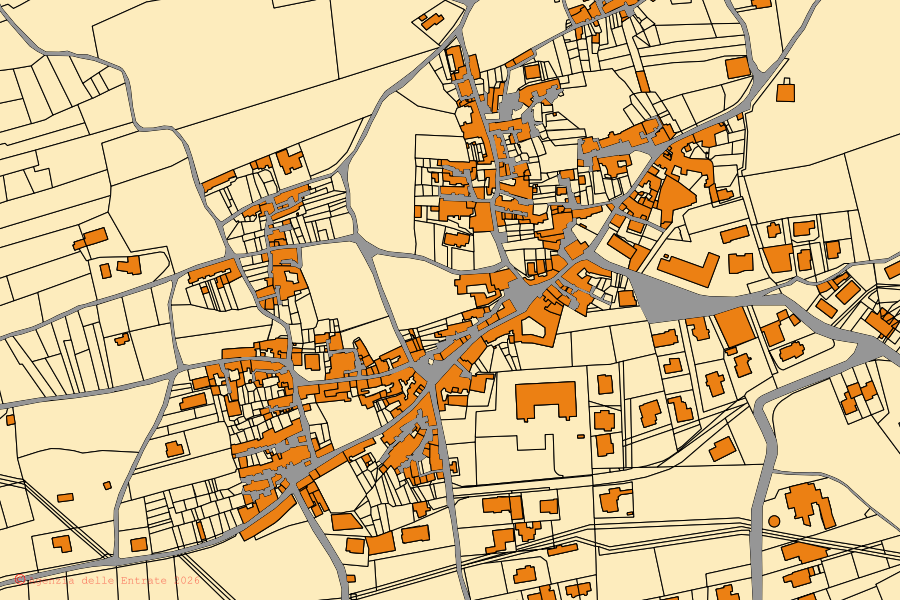 Mapa catastral del centro de Bonea: parcelas y edificios, cartografía de la Agenzia delle Entrate