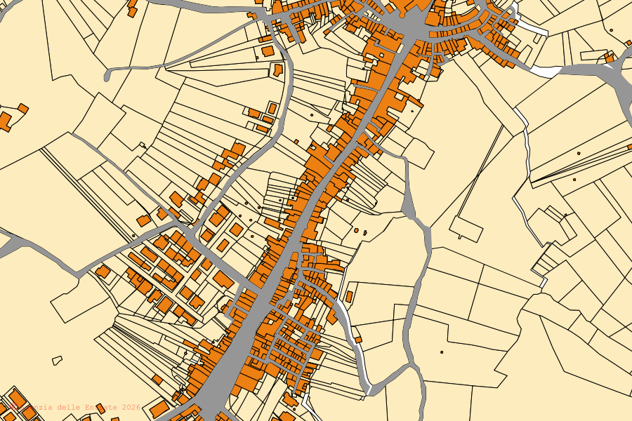 Mapa catastral del centro de Bonito: parcelas y edificios, cartografía de la Agenzia delle Entrate